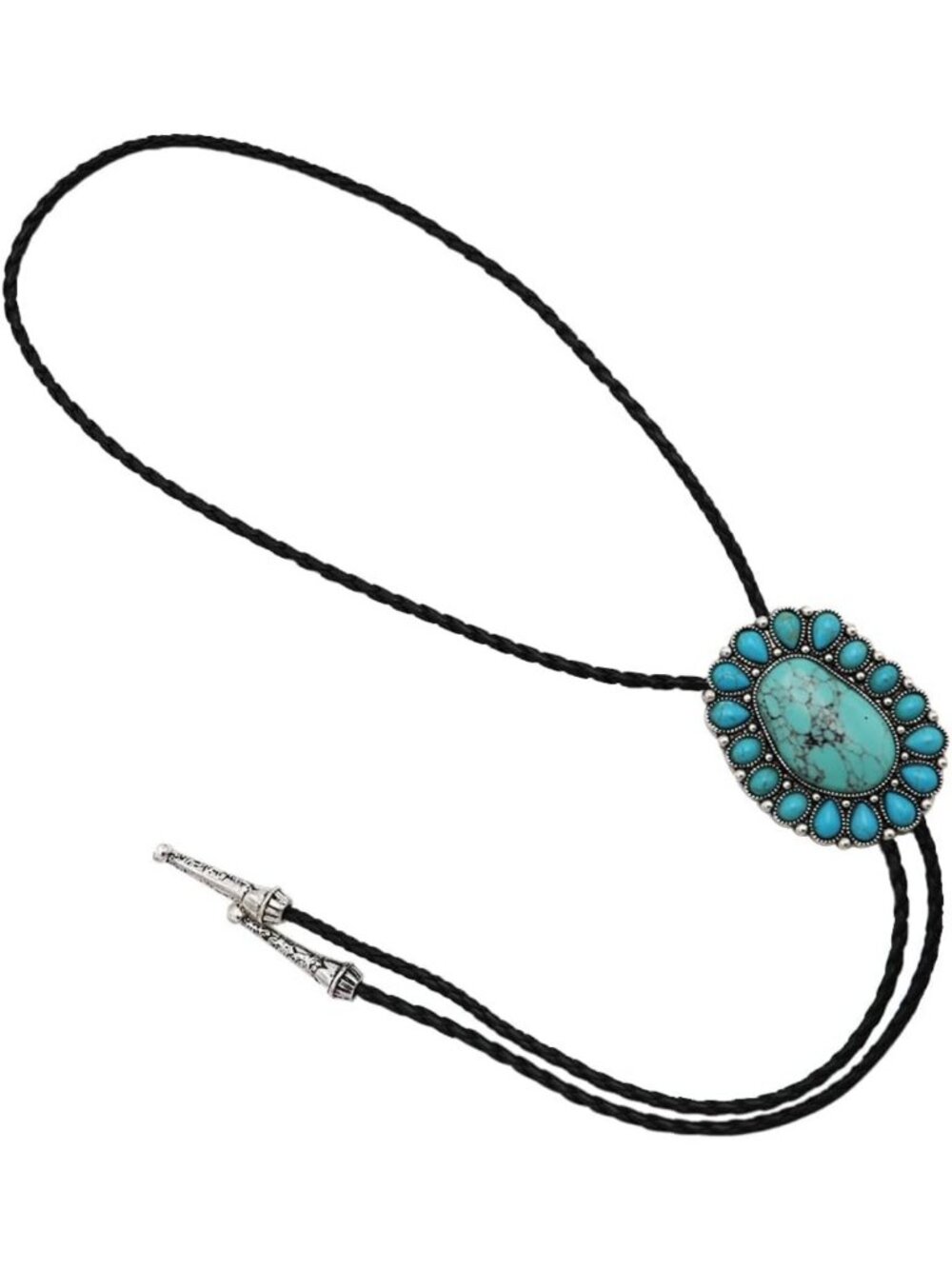 Vintage Western Bolo Tie with Silver Accents, Black Braided Faux Leather, 37